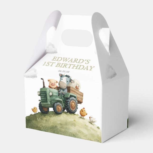 Farm Animals Green Tractor Birthday Favor Boxes (Back Side)