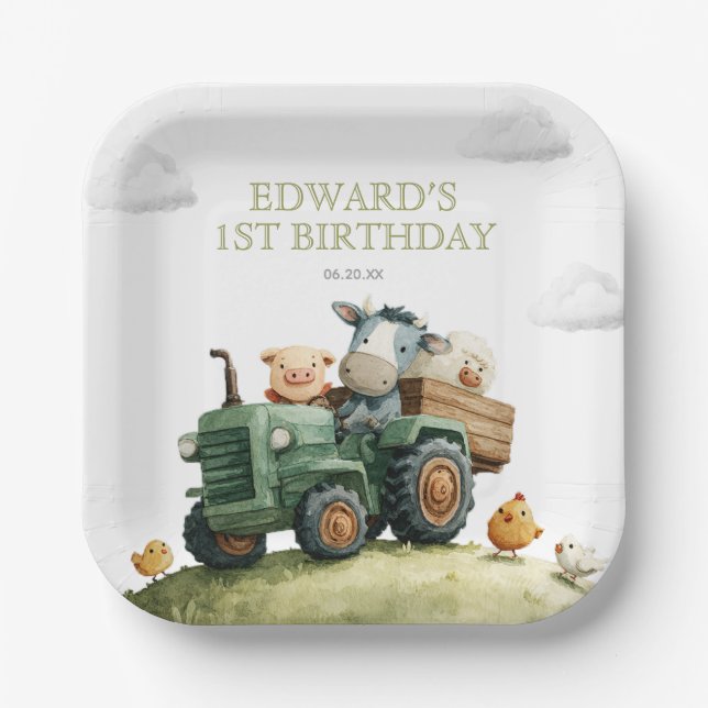 Farm Animals Green Tractor Birthday Paper Plates (Front)
