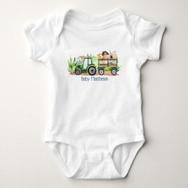   Farm Animals Green Tractor Boys  Baby Bodysuit (Front)