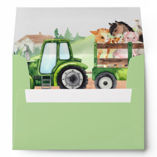 Farm Animals Green Tractor Boys Baby Shower Envelope