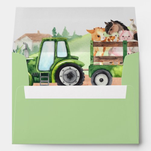   Farm Animals Green Tractor Boys Baby Shower Envelope