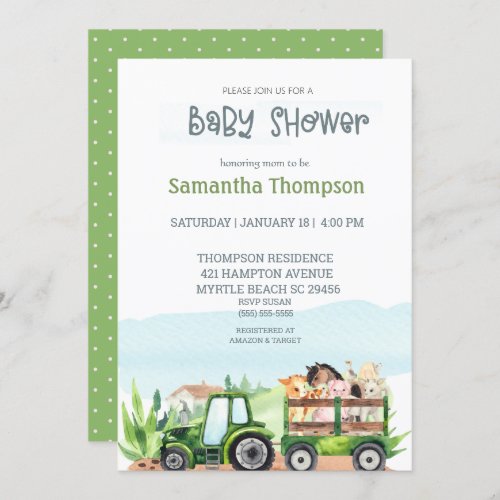   Farm Animals Green Tractor Boys Baby Shower     Invitation