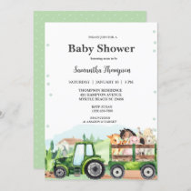 Farm Animals Green Tractor Boys Baby Shower      Invitation