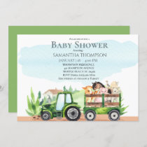 Farm Animals Green Tractor Boys Baby Shower     Invitation