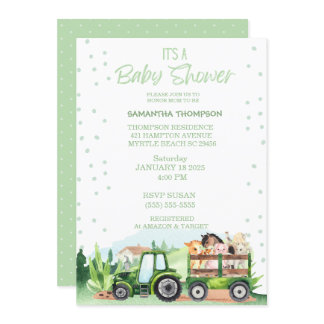 Farm Animals Green Tractor Boys Baby Shower      Invitation