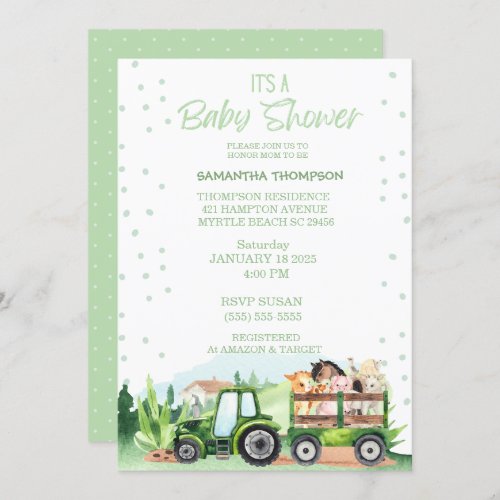   Farm Animals Green Tractor Boys Baby Shower      Invitation