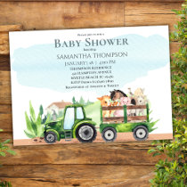 Farm Animals Green Tractor Boys Baby Shower     Invitation