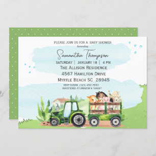 Farm Animals Green Tractor Boys Baby Shower     Invitation