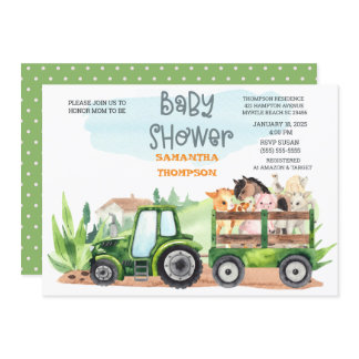 Farm Animals Green Tractor Boys Baby Shower     Invitation