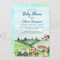 Farm Animals Green Tractor Boys Baby Shower     Invitation