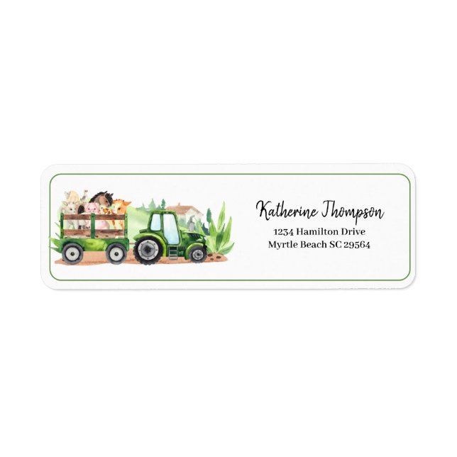    Farm Animals Green Tractor Boys Baby Shower Label (Front)