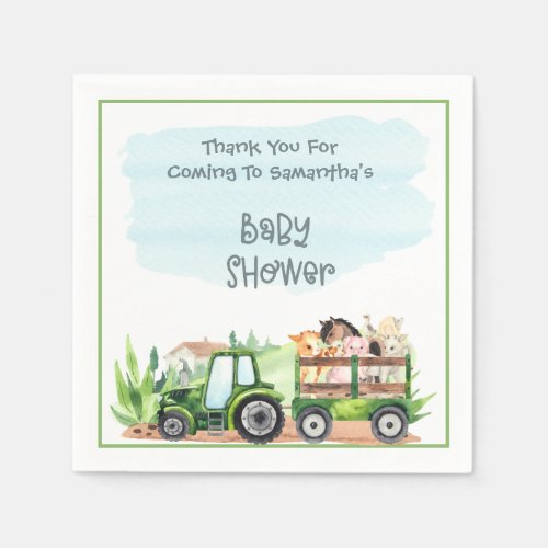   Farm Animals Green Tractor Boys Baby Shower  Napkins