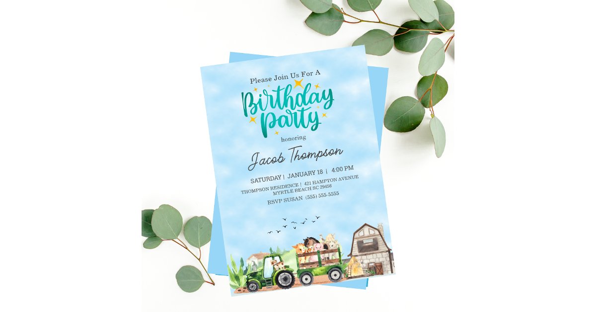 Farm Animals Green Tractor Boys Birthday Party Invitation | Zazzle