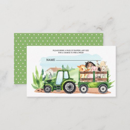   Farm Animals Green Tractor Boys Diaper Raffle Enclosure Card