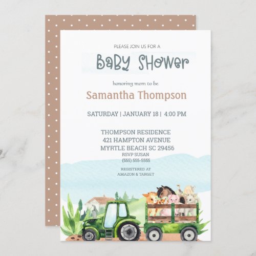   Farm Animals Green Tractor Girl Boy Baby Shower Invitation