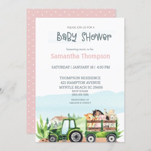   Farm Animals Green Tractor Girls Baby Shower Invitation