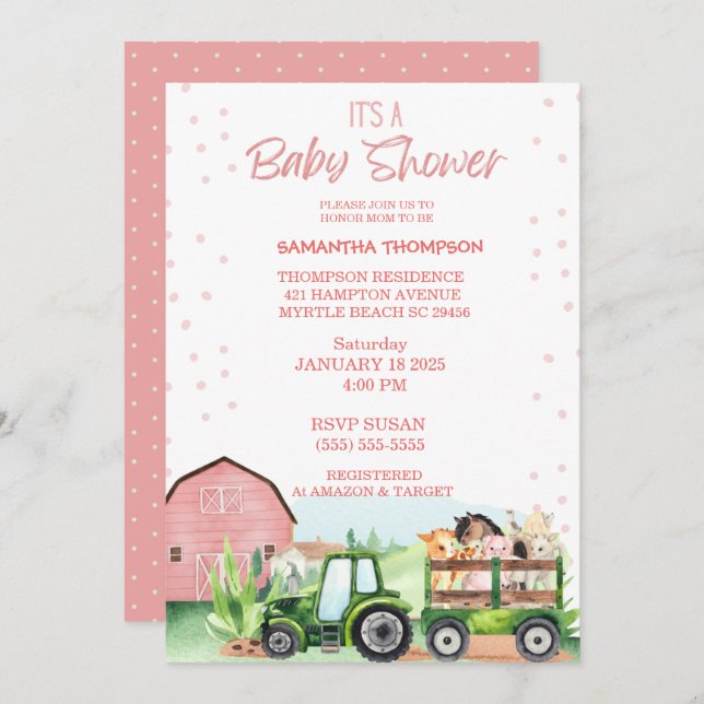   Farm Animals Green Tractor Pink Baby Shower      Invitation (Front/Back)