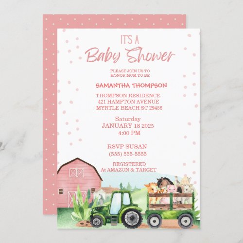   Farm Animals Green Tractor Pink Baby Shower      Invitation