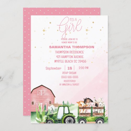   Farm Animals Green Tractor Pink Baby Shower  Invitation