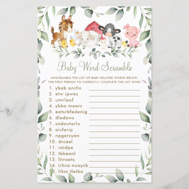 Farm Animals Greenery Baby Shower Word Scramble (Front)