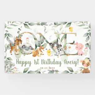 Farm Animals Greenery ONE 1st Birthday Backdrop Banner