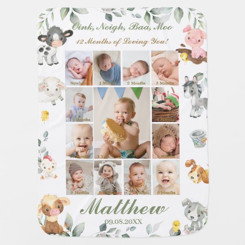 Farm Animals Greenery Photo Collage Milestone  Bab Baby Blanket