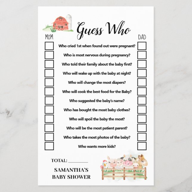 Farm Animals Guess Who Baby Shower Game Card Flyer (Front)