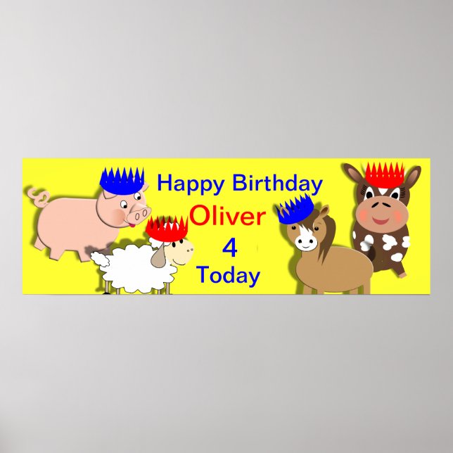 Farm Animals Happy Birthday Personalized Banner Poster (Front)