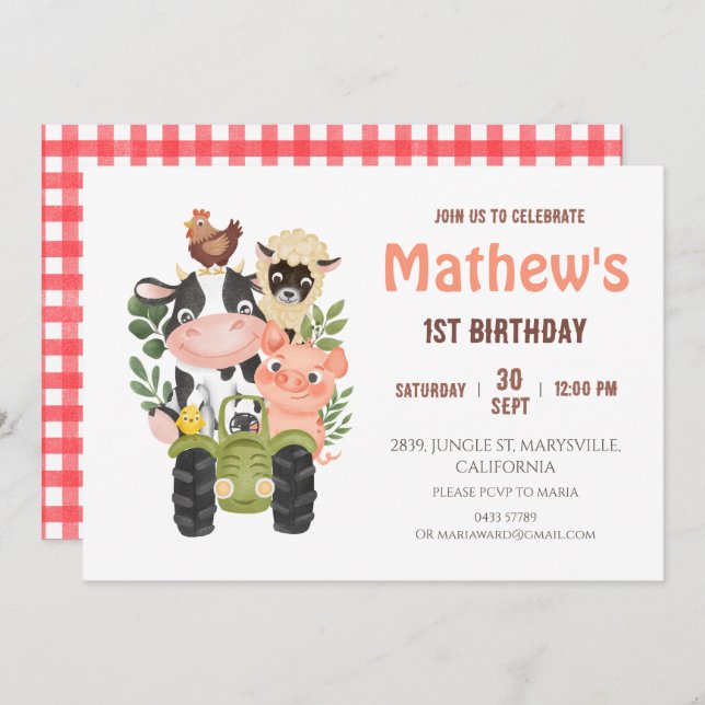 Farm animals Holy Cow First 1st Birthday Invitation (Front/Back)