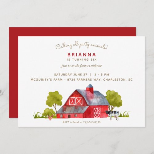 Farm Animals Horizontal Birthday Celebration   Invitation