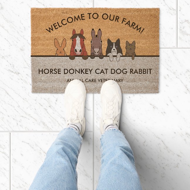 Farm Animals Horse Donkey Cat Dog Rabbit Welcome Fiber Doormat