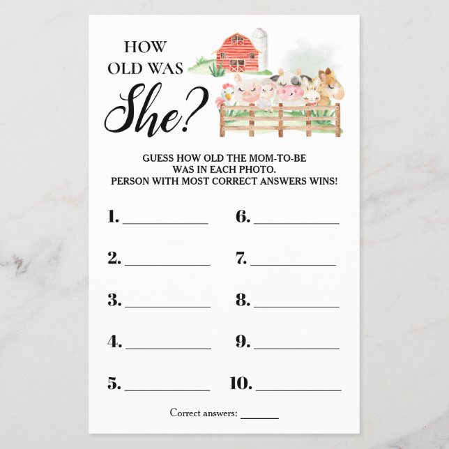 Farm Animals How old was She Baby Shower Card Flyer (Front)