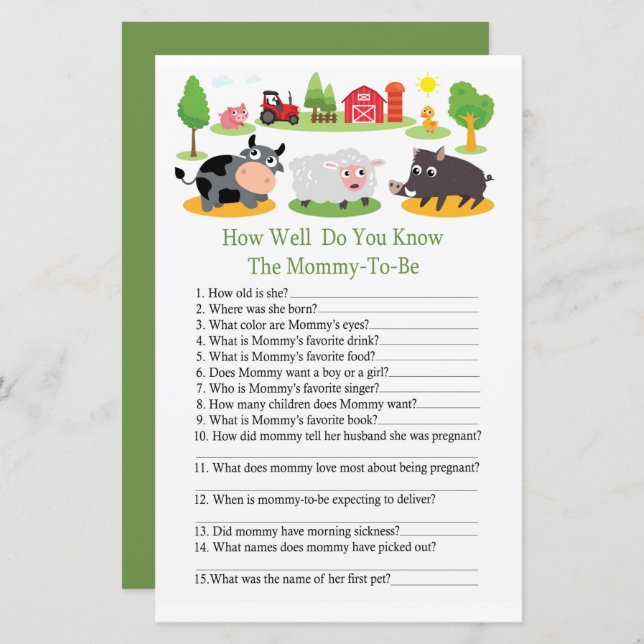 Farm animals How well do you know baby shower game (Front/Back)