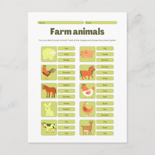 Farm Animals Identification Educational Worksheet Holiday Postcard (Front)