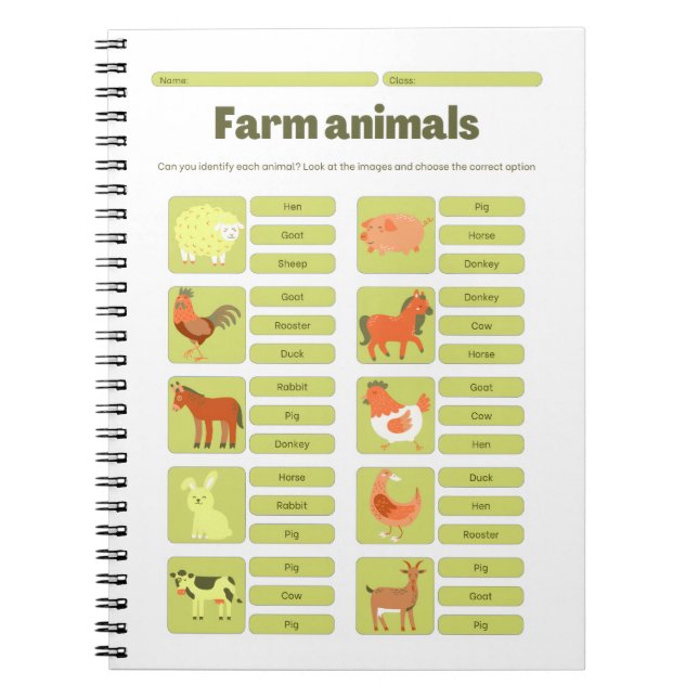 Farm Animals Identification Educational Worksheet Notebook (Front)