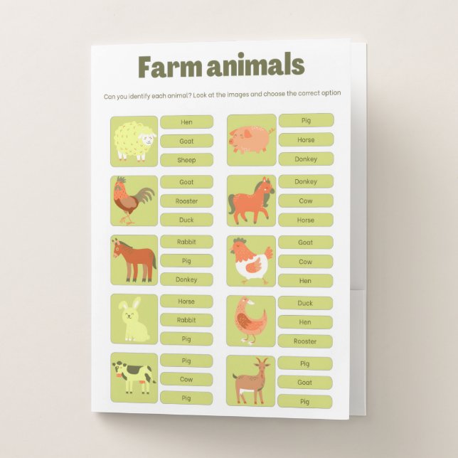 Farm Animals Identification Educational Worksheet Pocket Folder (Front)