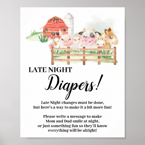 Farm Animals Late Night Diapers Baby Shower sign