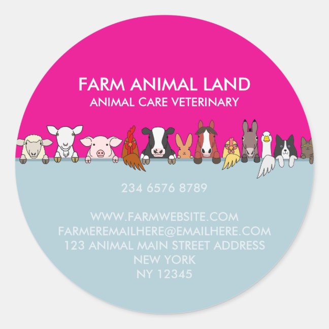 Farm Animals looking to down pink blue Classic Round Sticker