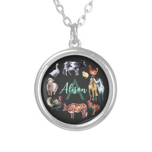 Farm animals Monogram watercolor Silver Plated Necklace