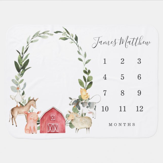 Farm Animals Monthly Milestone Baby Blanket (Horizontal)