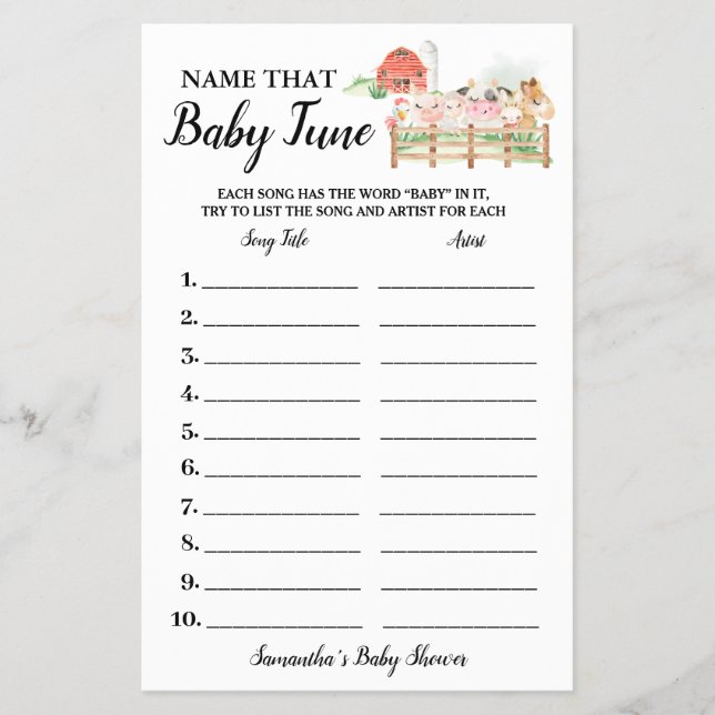 Farm Animals Name Baby Tune Shower Game card Flyer (Front)