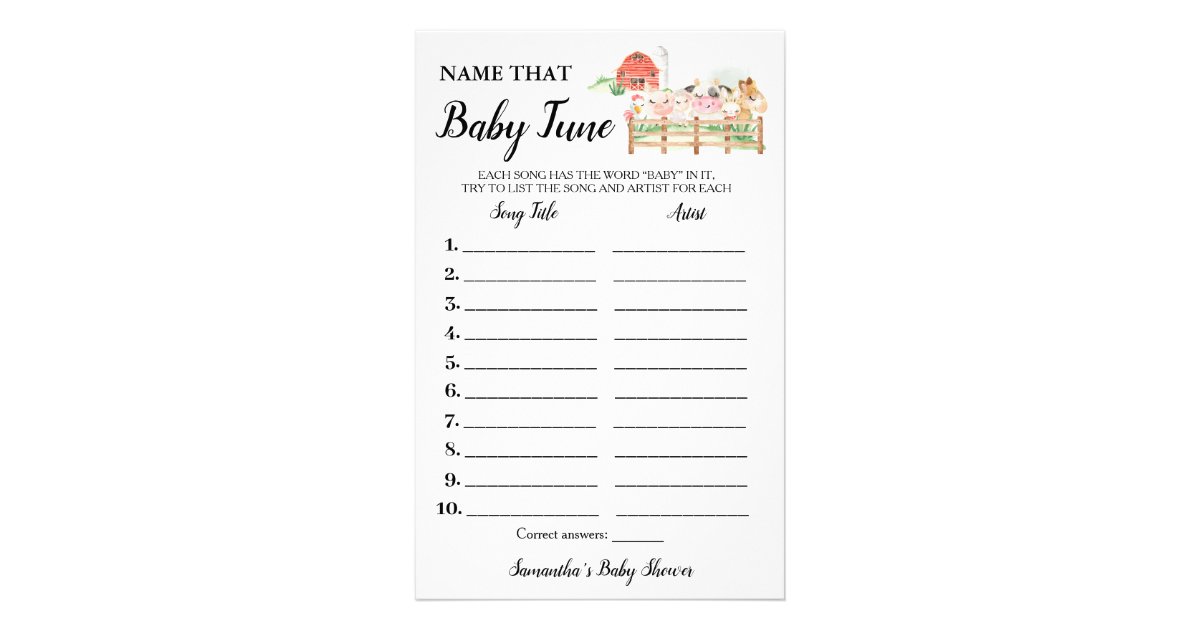 Farm Animals Name Baby Tune Shower Game card Flyer | Zazzle