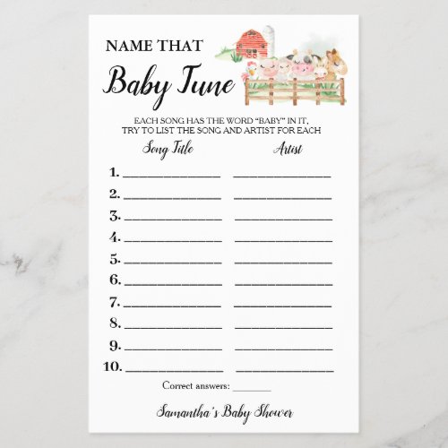 Farm Animals Name Baby Tune Shower Game card Flyer