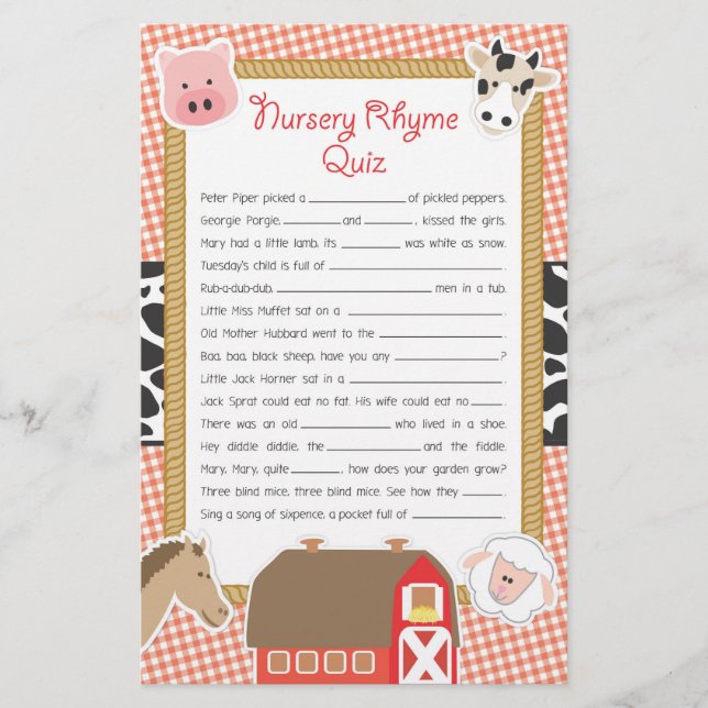 Farm Animals Nursery Rhyme Baby Shower Game (Front)