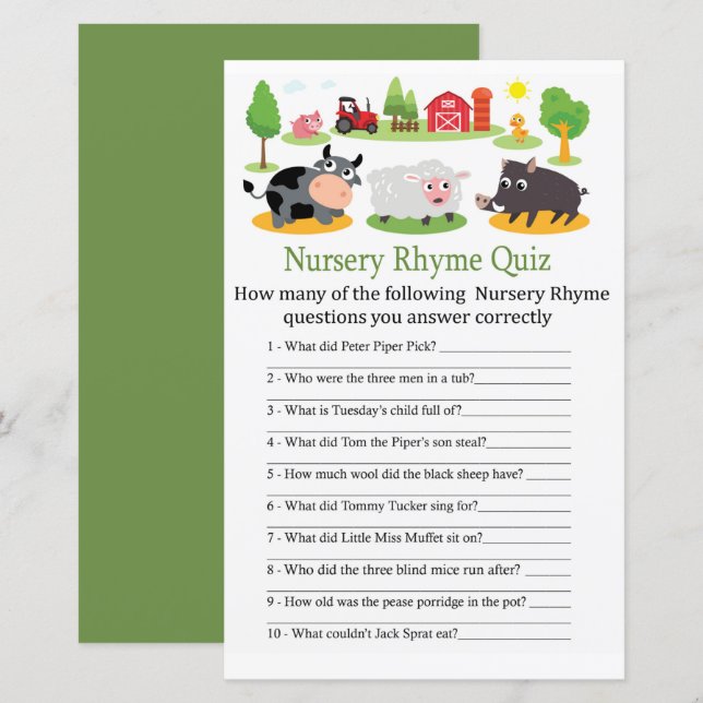 Farm animals Nursery Rhyme Quiz baby shower game (Front/Back)