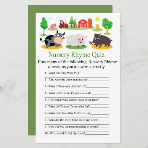 Farm animals Nursery Rhyme Quiz baby shower game