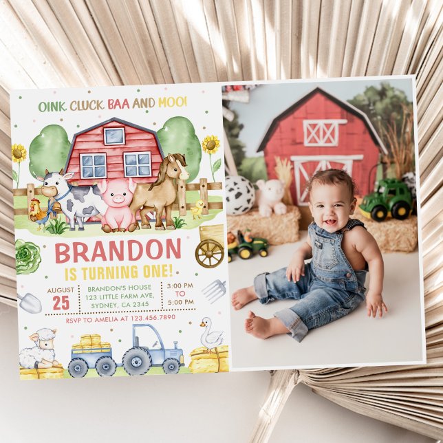 Farm Animals Oink Baa Moo 1st Birthday Photo Invitation (Creator Uploaded)