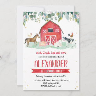 Farm Animals Oink Baa Moo Boy 1st Birthday  Invitation