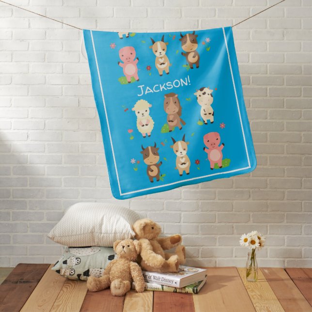 Farm Animals on Blue  Baby Blanket (In Situ)