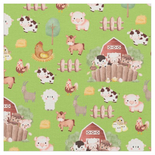 Farm Animals on Bright Green Fabric